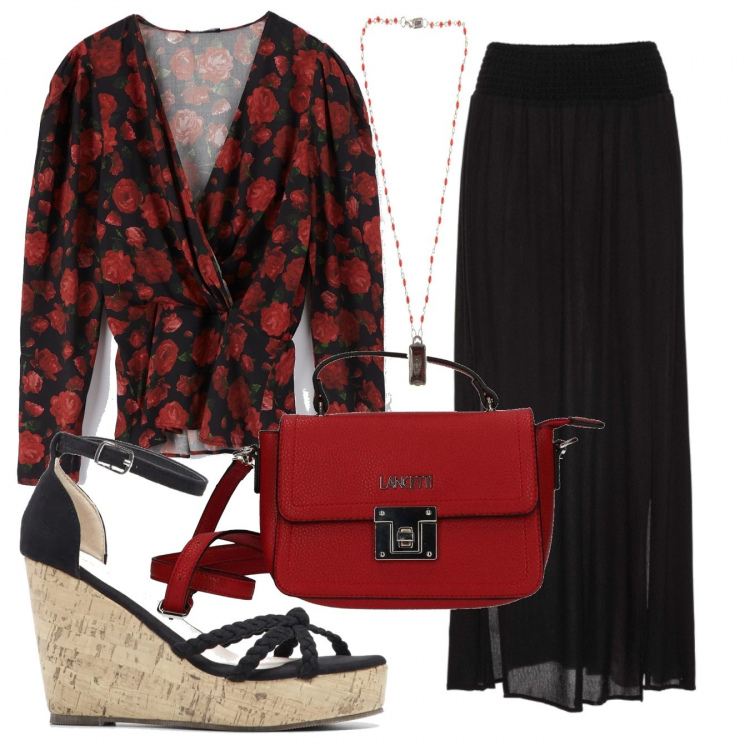 Outfit donna - Trendy #24790. Stile Trendy per Tutti i giorni. Abbinamento con gonne lunghe, sandali, bluse, borse a tracolla, collane.