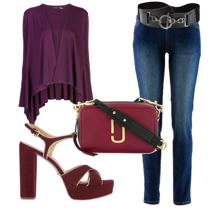 Outfit donna - Trendy #24803. Stile Trendy per Tutti i giorni. Abbinamento con treggings, cinture, sandali col tacco, cardigan, borsa a tracolla con zip e scomparti oro.