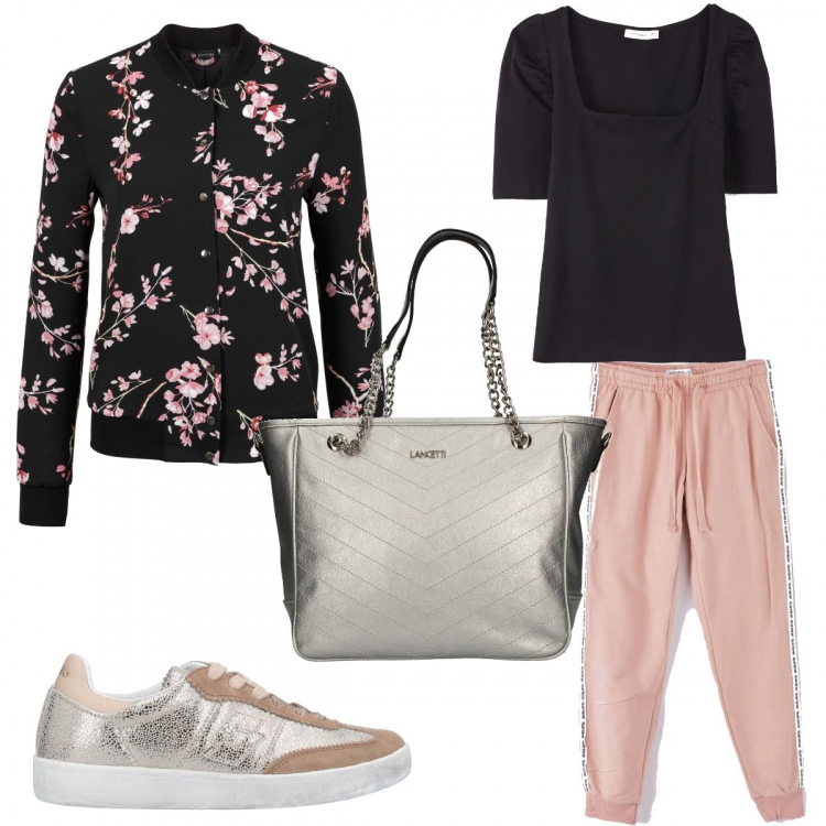 Outfit donna - Mamy comfort chic. Stile Urban per Sport. Abbinamento con bomber, sneakers, pantalone lungo, t-shirt, borsa.