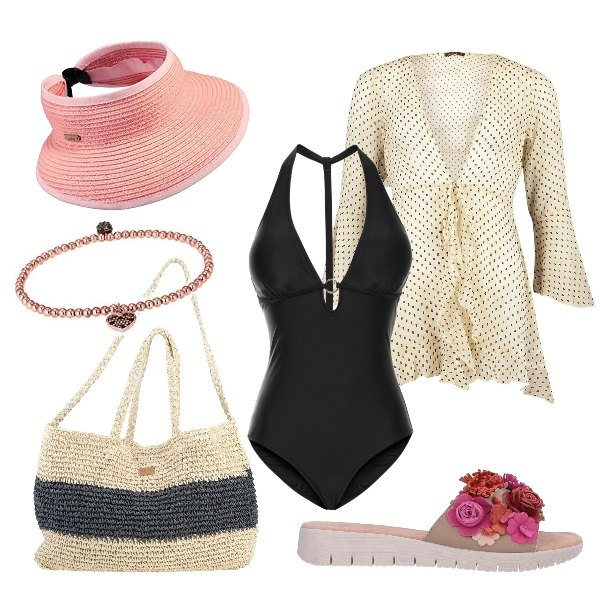 Outfit donna - Basic #15552. Stile Basic per Mare. Abbinamento con costumi interi, sandali, borsa a spalla, copricostume, cappelli con visiera, braccialetti con ciondoli.