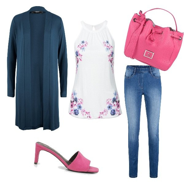 Outfit donna - Voglia di fuxia. Stile Trendy per Ufficio. Abbinamento con jeggings, top, blazer, borsa a mano, sandali con tacco.