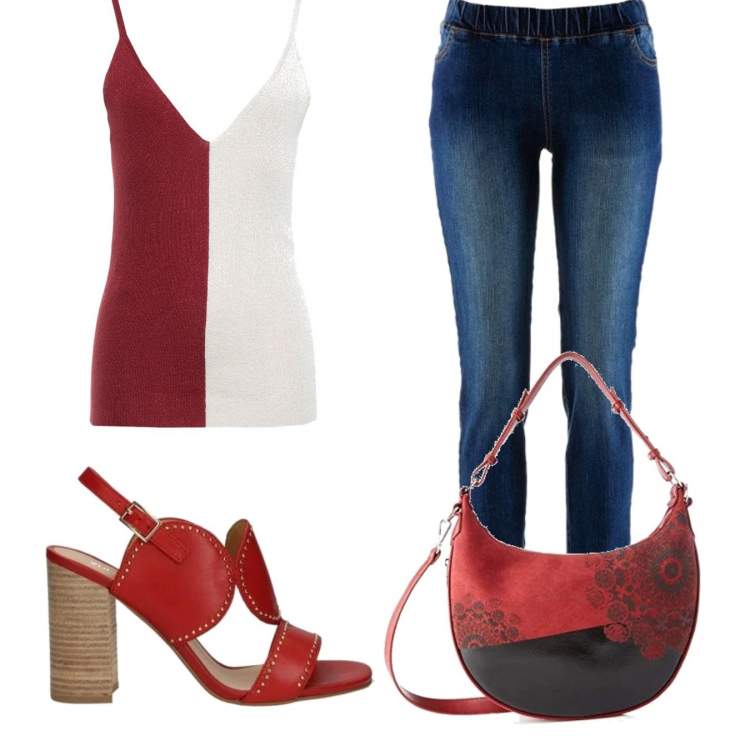 Outfit donna - Basic #15589. Stile Basic per Tutti i giorni. Abbinamento con treggings, top, sandali, borsa a tracolla.