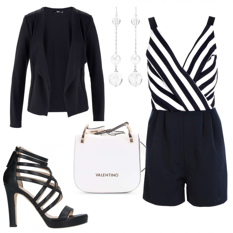 Outfit donna - Tuta a strisce zebrata. Stile Bon Ton per Serata fuori. Abbinamento con blazer, sandali, orecchini, tuta corta, borse a secchiello.