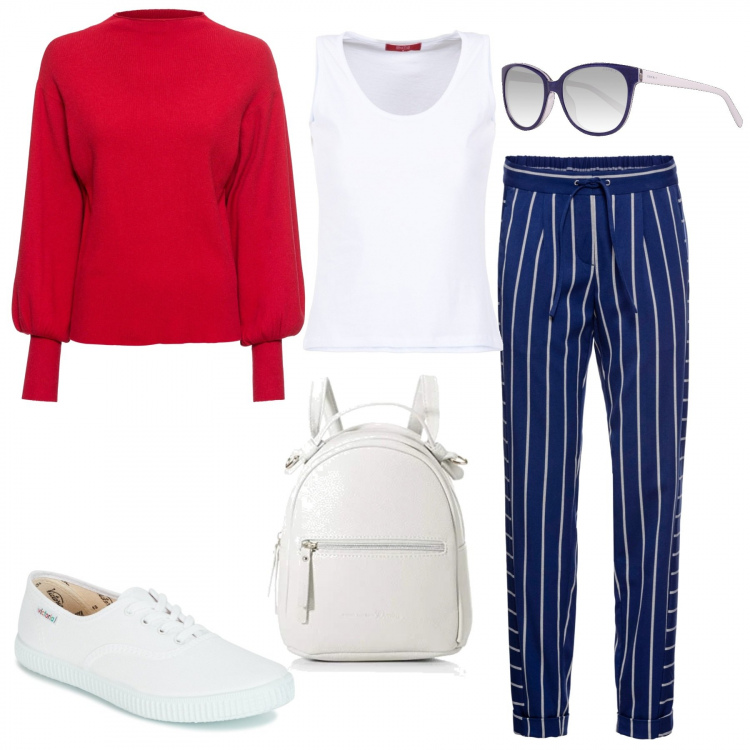 Outfit donna - ThreeComrades. Stile Urban per Scuola/Università. Abbinamento con maglieria, pantaloni, top, sneakers, zaini, occhiali da sole.