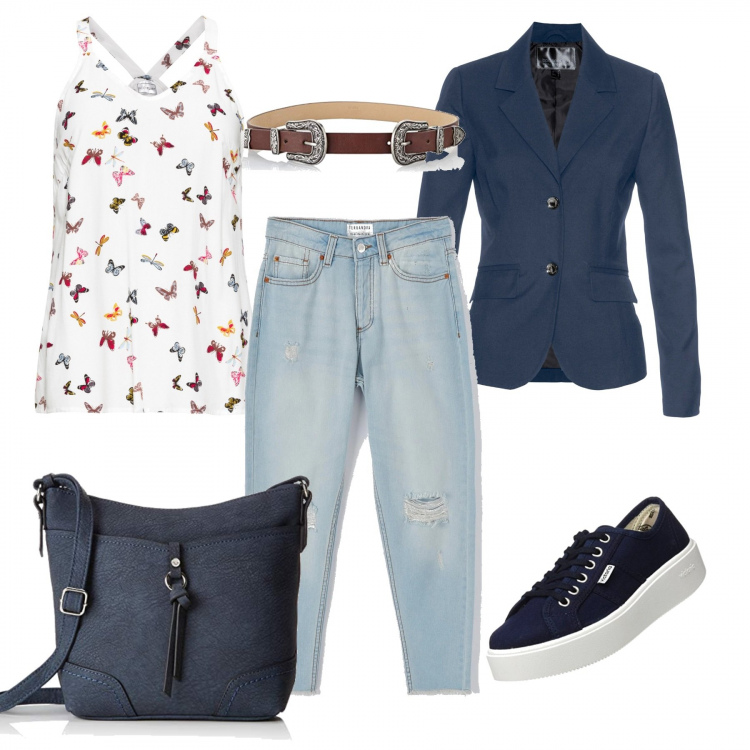 Outfit donna - Casual low cost brown and blue. Stile Urban per Tutti i giorni. Abbinamento con top, blazer, jeans, sneakers alte, borse a tracolla, cinture.