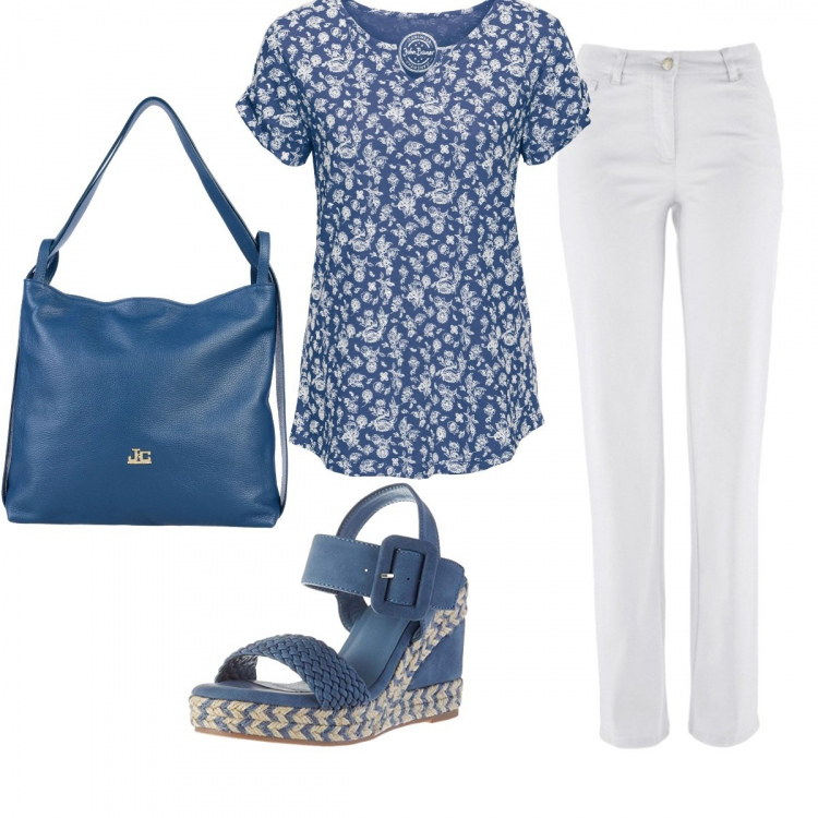 Outfit donna - Basic #15642. Stile Basic per Ufficio. Abbinamento con pantaloni, t-shirt, borsa a mano, sandali.