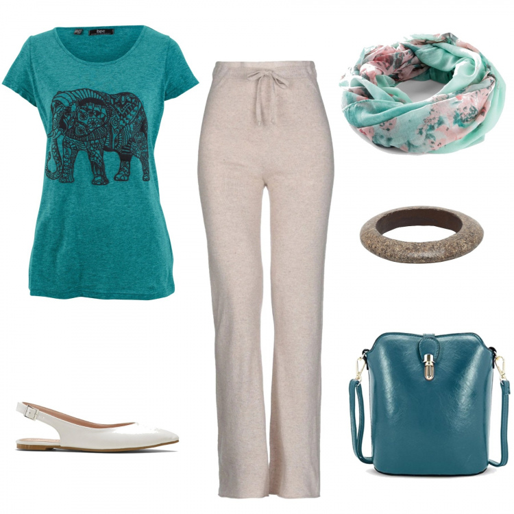 Outfit donna - Comfort con stile. Stile Basic per Tutti i giorni. Abbinamento con t-shirt, vestiti, foulard, pantalone lungo, braccialetti, borse a spalla.