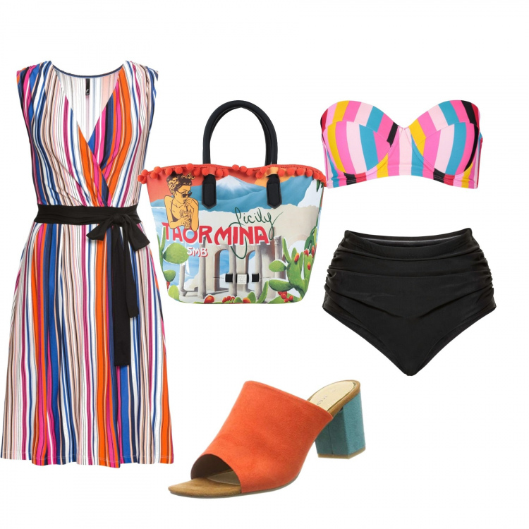 Outfit donna - Arcobaleno al mare. Stile Basic per Mare. Abbinamento con culotte, vestiti, borse a mano, bikini, ciabatte.