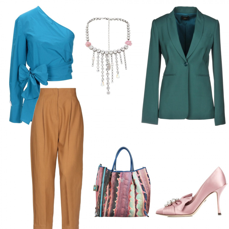 Outfit donna - Offerte D\'aprile. Stile Chic per Serata fuori. Abbinamento con pantaloni, borse a mano, top, blazer, décolleté, collana.