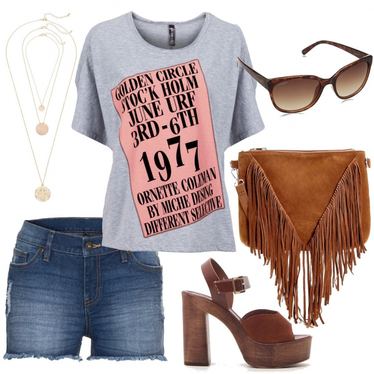 Outfit donna - In short e tacchi. Stile Trendy per Tutti i giorni. Abbinamento con maglieria, shorts, ciondoli, borse a spalla, sandali, occhiali da sole.