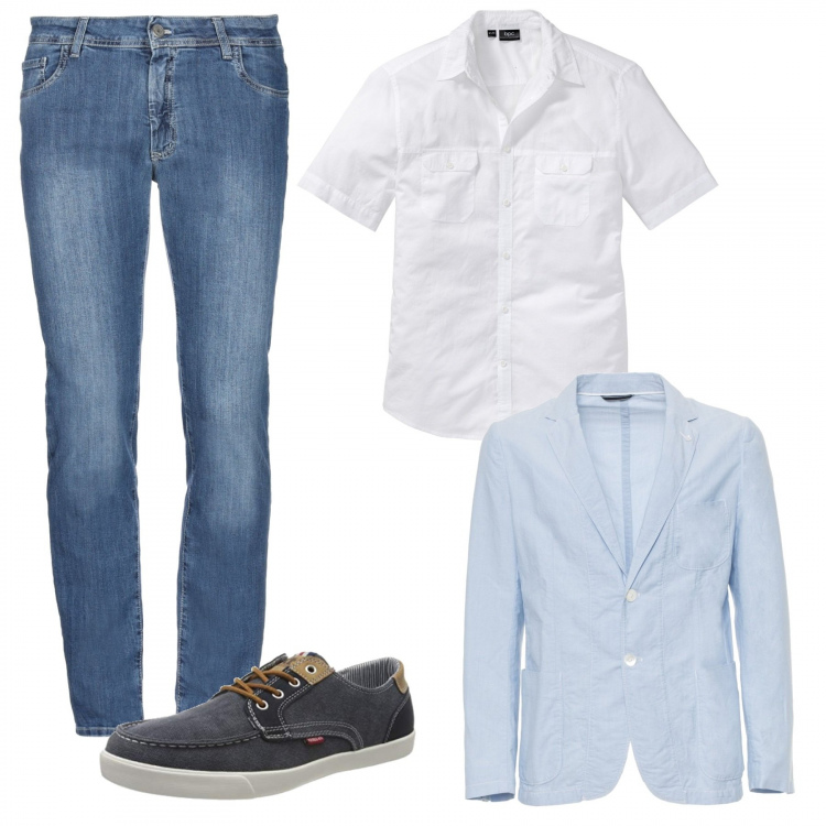 Outfit uomo - A chi non rinuncia al blazer. Stile Casual per Ufficio. Abbinamento con camicie a manica corta, jeans, scarpa, cappotti.