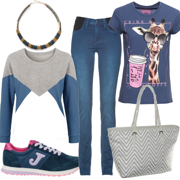 Outfit donna - J come Jirafa. Stile Urban per Tutti i giorni. Abbinamento con t-shirt, jeans skinny, felpe, maglieria, sneakers, borsa.