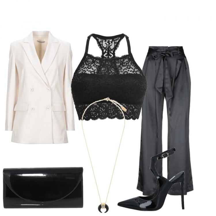 Outfit donna - La giacca mannish. Stile Sexy per Serata fuori. Abbinamento con pantalone lungo, décolleté, blazer, reggiseni, pochette, collane.