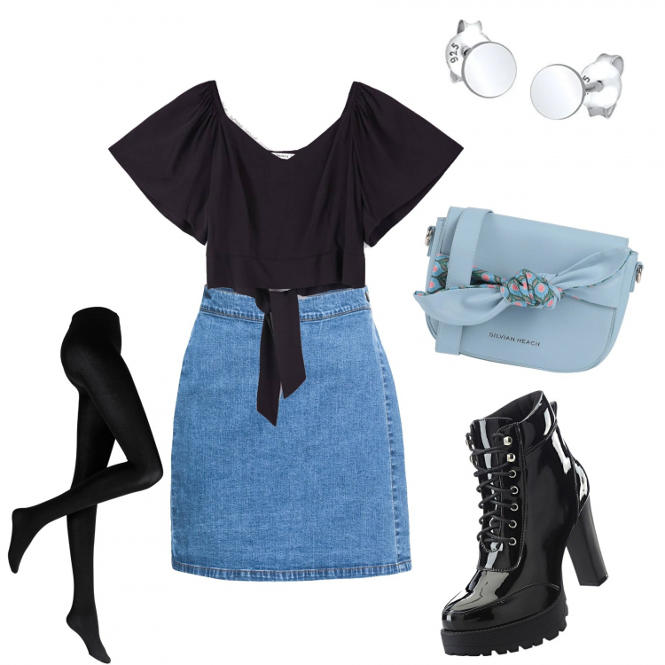 Outfit donna - Rock Trendy. Stile Rock per Serata fuori. look ideale per Tall. Abbinamento con collant, stivaletti, gonne, borsa a tracolla, bluse, orecchini.