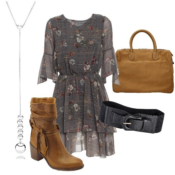 Outfit donna - Abito con stivaletti. Stile Trendy per Tutti i giorni. Abbinamento con cinture, borsa a mano, stivali, vestito, collane.