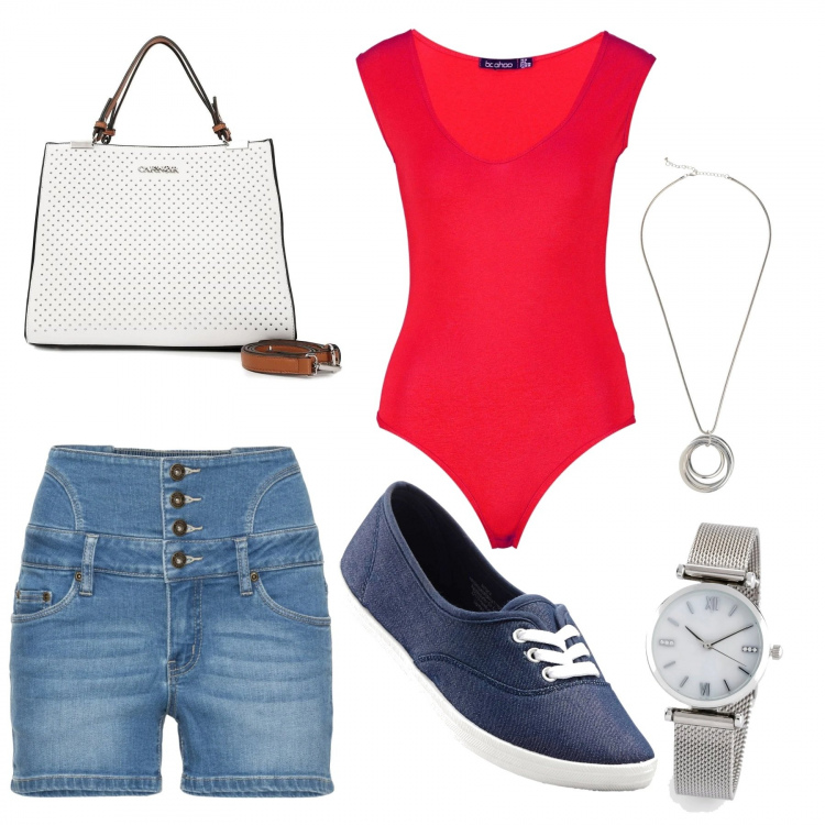 Outfit donna - Shorts in jeans. Stile Urban per Tutti i giorni. Abbinamento con sneakers, shorts, orologio, collane, corpo, borsa a mano.