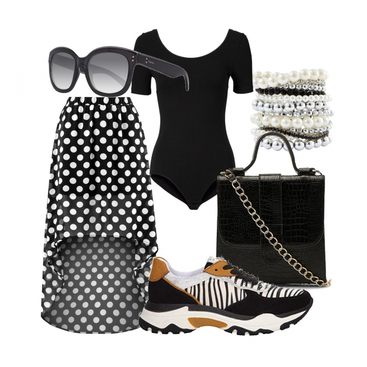 Outfit donna - Gonna a pois e ginniche. Stile Trendy per Tutti i giorni. Abbinamento con body, braccialetti, borse tote, minigonne, sneakers, occhiali da sole.