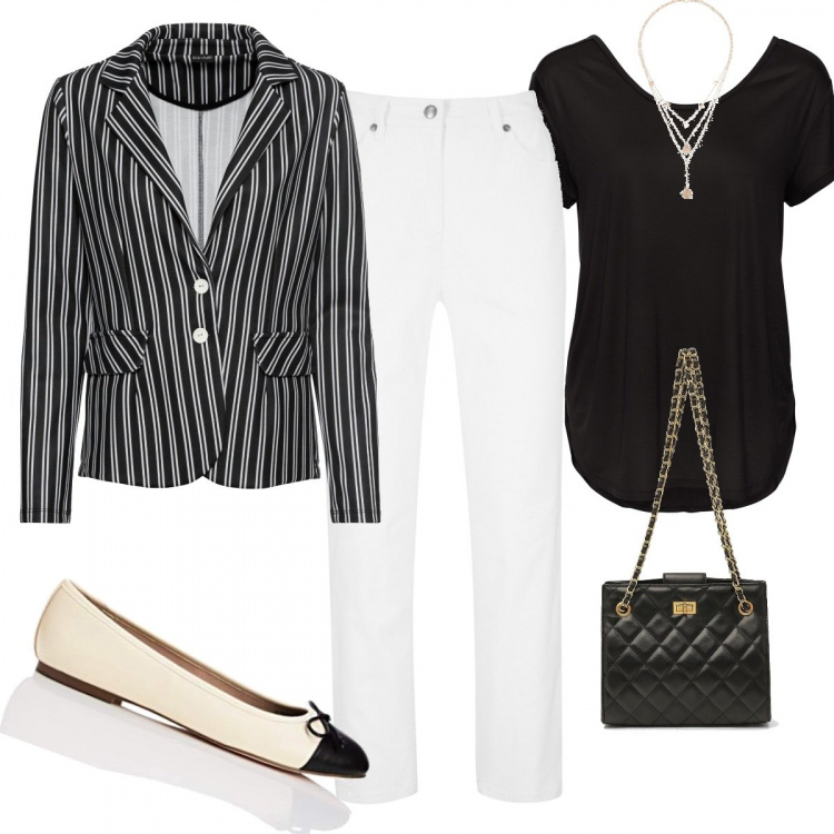 Outfit donna - Bianco e nero. Stile Basic per Ufficio. Abbinamento con pantaloni, maglieria, ciondoli, blazer, borse tote, ballerine.