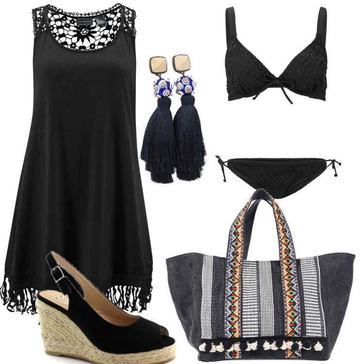 Outfit donna - Trendy #25276. Stile Trendy per Mare. Abbinamento con vestiti da spiaggia, bikini, borsa a mano, orecchini, espadrillas.