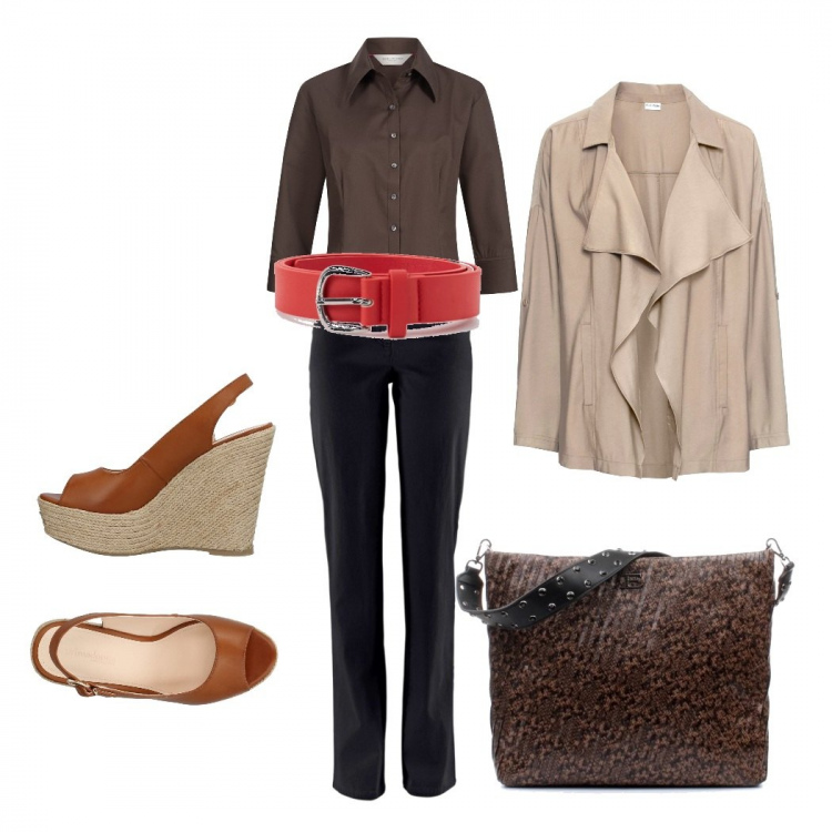 Outfit donna - Basic, con i colori della terra. Stile Basic per Tutti i giorni. Abbinamento con pantaloni, blazer, sandali, cinture, borse a spalla, camicie.