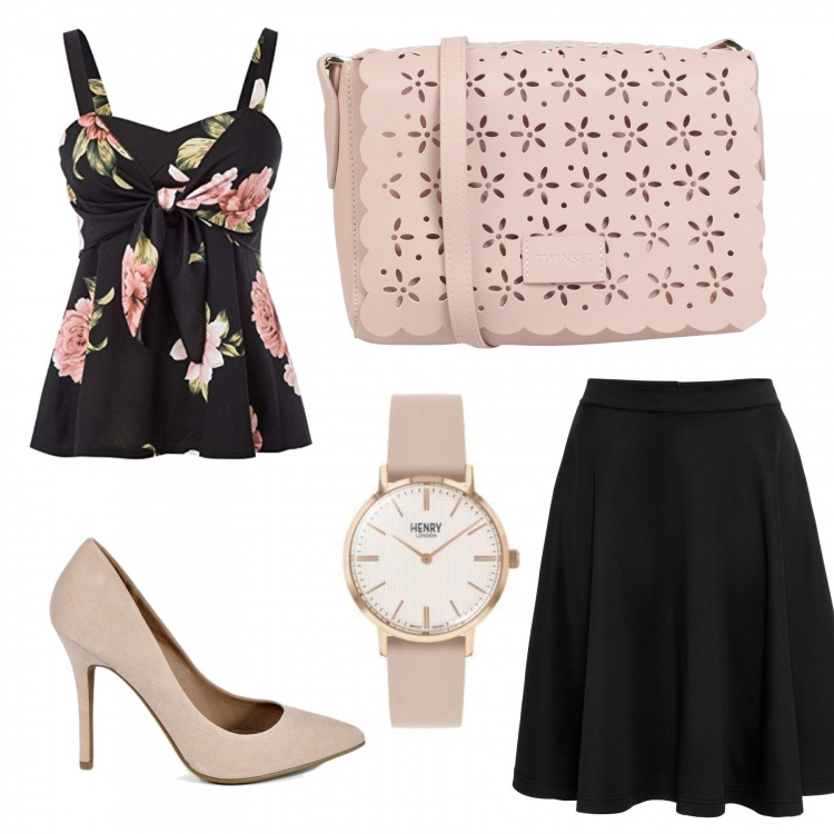 Outfit donna - Romanti....chery. Stile Bon Ton per Serata fuori. Abbinamento con gonne, borse a tracolla, décolleté, canottiere, orologi analogici.