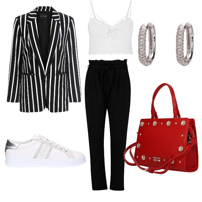 Outfit donna - A lavoro con comodità e stile. Stile Trendy per Ufficio. Abbinamento con blazer, orecchini, pantaloni, bralette, borse a mano, sneakers.