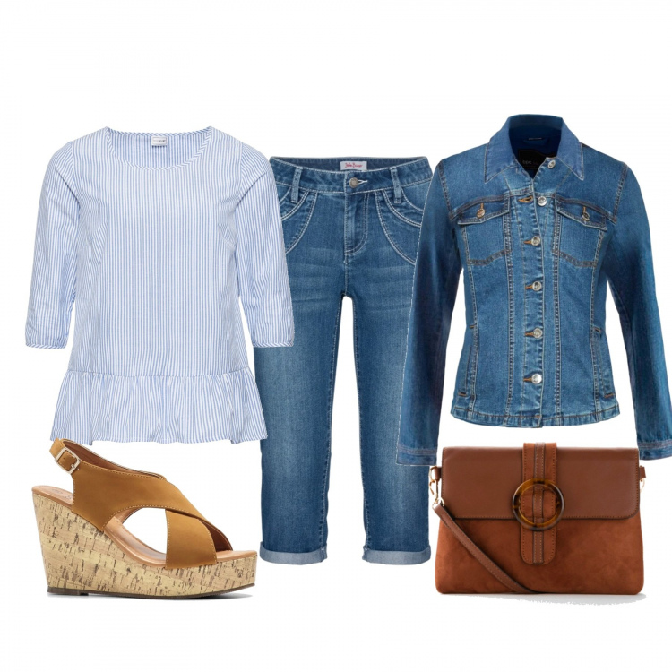 Outfit donna - Basic #16028. Stile Basic per Tutti i giorni. Abbinamento con jeans dritti, blazer, bluse, borse a tracolla, sandali.