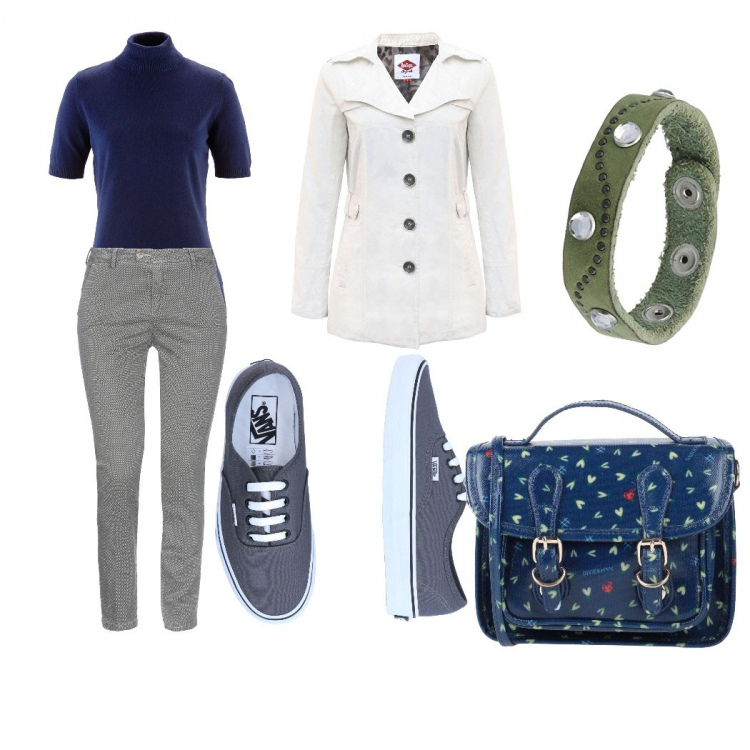 Outfit donna - Basic, voglio andare all\'università. Stile Basic per Scuola/Università. Abbinamento con borsa a mano, sneakers, pantalone lungo, maglieria, braccialetto, trench.
