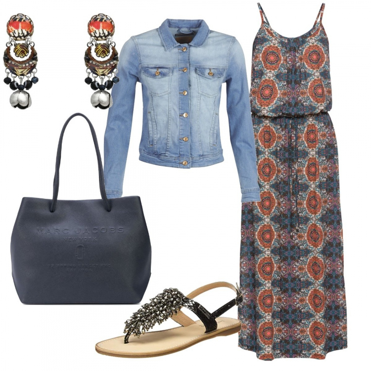 Outfit donna - Trendy #25355. Stile Trendy per Tutti i giorni. Abbinamento con vestiti lunghi, orecchini, blazer, borse tote, sandali.