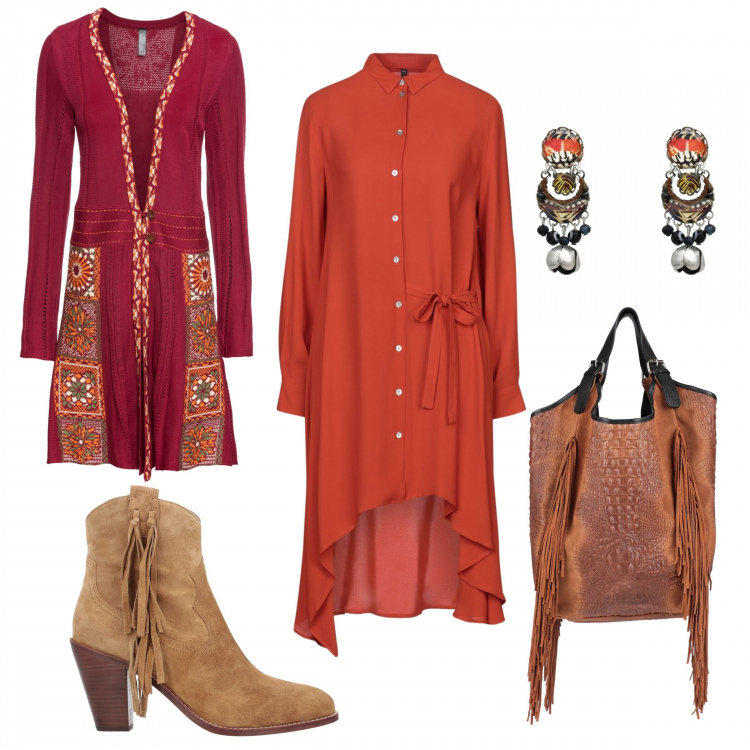 Outfit femme - Steppes de l\'Asie centrale. Style Ethnique pour Tous les jours. Assortir avec gilets sans manche, sacs à main, robes mi-longues/au genou, boucles d'oreilles.