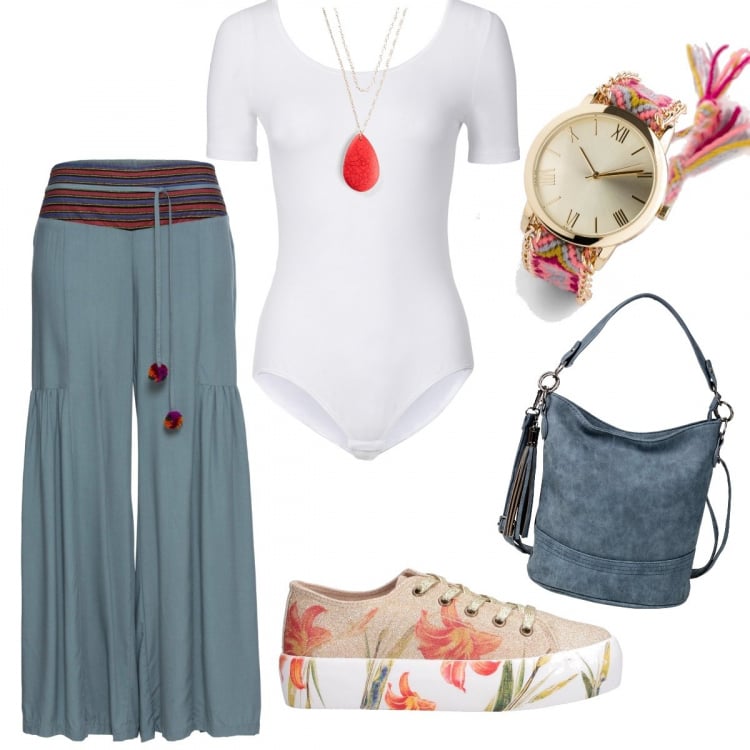 Outfit femme - Hippie. Style Ethnique pour Tous les jours. Assortir avec body, manteaux, pantalon long, sacs en bandoulière, montre analogique.