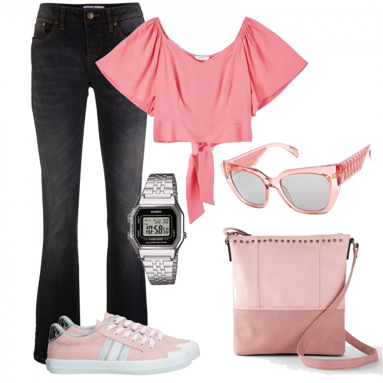 Outfit donna - Lovely Basic. Stile Basic per Tutti i giorni. Abbinamento con jeans bootcut, borse a spalla, sneakers, bluse, occhiali da sole, orologi.