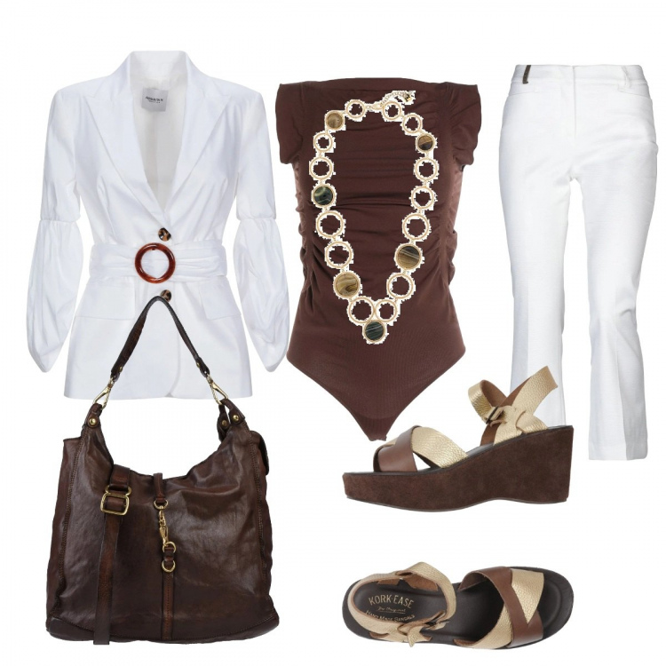 Outfit donna - Aperitivo al tramonto lungo mare. Stile Trendy per Serata fuori. Abbinamento con pantaloni, body, sandali, blazer, borsa a mano, ciondolo.