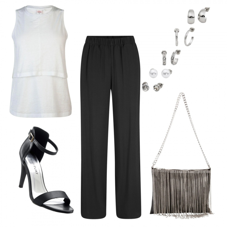 Outfit donna - Very low cost. Stile Basic per Tutti i giorni. Abbinamento con pantaloni, sandali col tacco, borse a mano, orecchini, top.