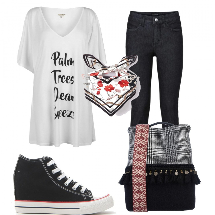 Outfit donna - Basic #16150. Stile Basic per Tutti i giorni. Abbinamento con jeans skinny, borsa a spalla, foulard, t-shirt, sneakers.