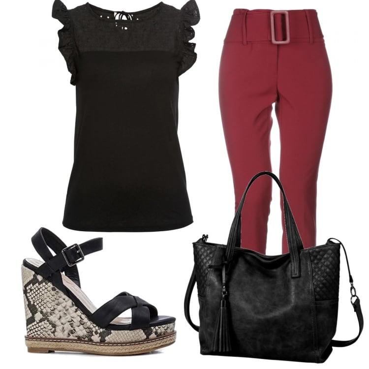 Outfit donna - Basic #16159. Stile Basic per Tutti i giorni. Abbinamento con pantalone lungo, t-shirt, shopping bag, sandali.