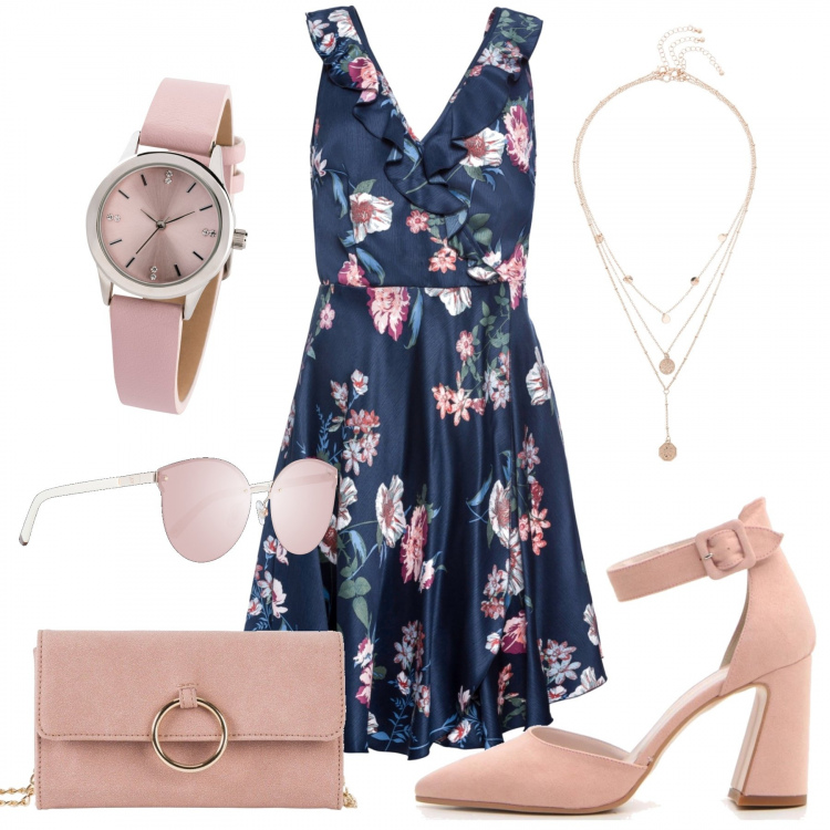 Outfit donna - Floral navy blue. Stile Chic per Serata fuori. Abbinamento con cappotti, vestiti, ciondoli, orologi, décolleté, occhiali da sole.