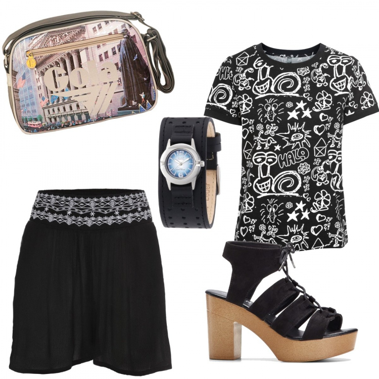 Outfit donna - Citta’. Stile Urban per Tutti i giorni. Abbinamento con shorts, maglia, sandali, borsa sportiva, orologi.