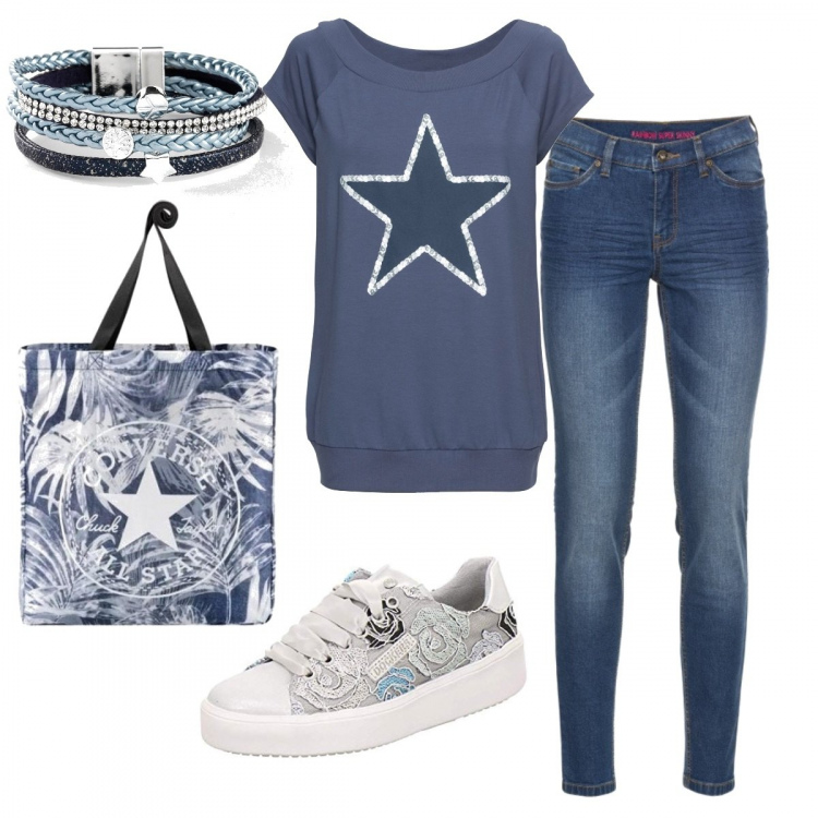 Outfit donna - Basic #16180. Stile Basic per Scuola/Università. Abbinamento con t-shirt, jeans skinny, braccialetti, shopping bag, sneakers.