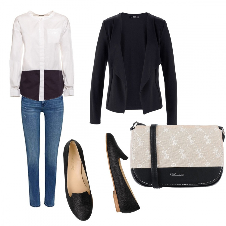 Outfit donna - Basic. Stile Basic per Tutti i giorni. Abbinamento con blazer, mocassini, borsa a tracolla, camicie, jeans.