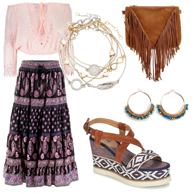 Outfit donna - Gitana. Stile Basic per Tutti i giorni. Abbinamento con gonne lunghe, braccialetti con ciondoli, orecchini, borse a spalla, sandali, maglia.