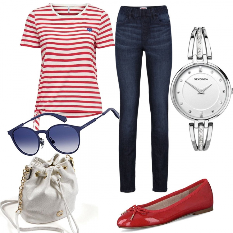 Outfit donna - Marinara easy. Stile Basic per Tutti i giorni. Abbinamento con jeggings, top, occhiali da sole, ballerine, orologi, borse a mano.