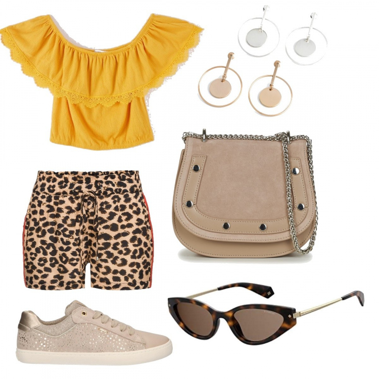 Outfit donna - Freedom. Stile Basic per Tutti i giorni. Abbinamento con sciarpe, orecchini, blusa, borsa a tracolla, occhiali da sole, sneakers.