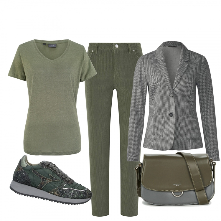 Outfit donna - Basic #16261. Stile Basic per Tutti i giorni. Abbinamento con maglieria, sneakers, borsa a tracolla, blazer, pantalone lungo.