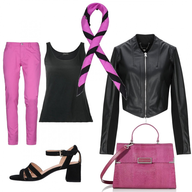 Outfit donna - Il foulard di Moschino. Stile Rock per Tutti i giorni. Abbinamento con cappotti, pantaloni, foulard, canottiera, borse a tracolla, sandali.