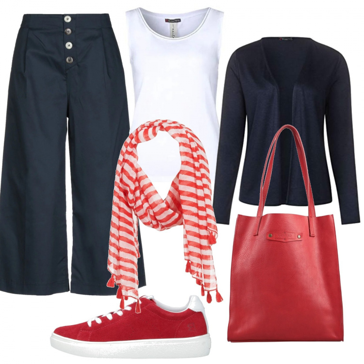 Outfit donna - Basic #16275. Stile Basic per Tutti i giorni. Abbinamento con pantaloni capri, borsa a mano, sneakers, sciarpe, cardigan, t-shirt.