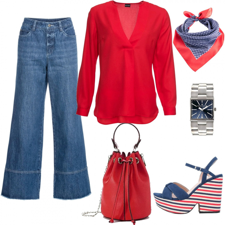Outfit donna - Un foulard fa la differenza. Stile Trendy per Tutti i giorni. Abbinamento con bluse, jeans, foulard, sandali col tacco, borse a mano, orologi.