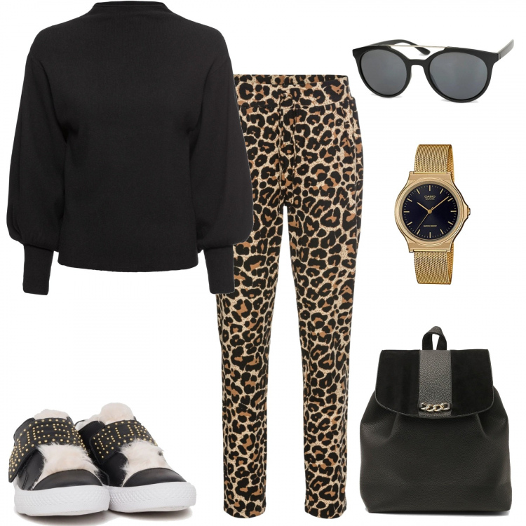 Outfit donna - BeOutrageous. Stile Urban per Tutti i giorni. Abbinamento con maglieria, pantaloni, zaino, scarpa sportiva, orologi analogici, occhiali da sole.