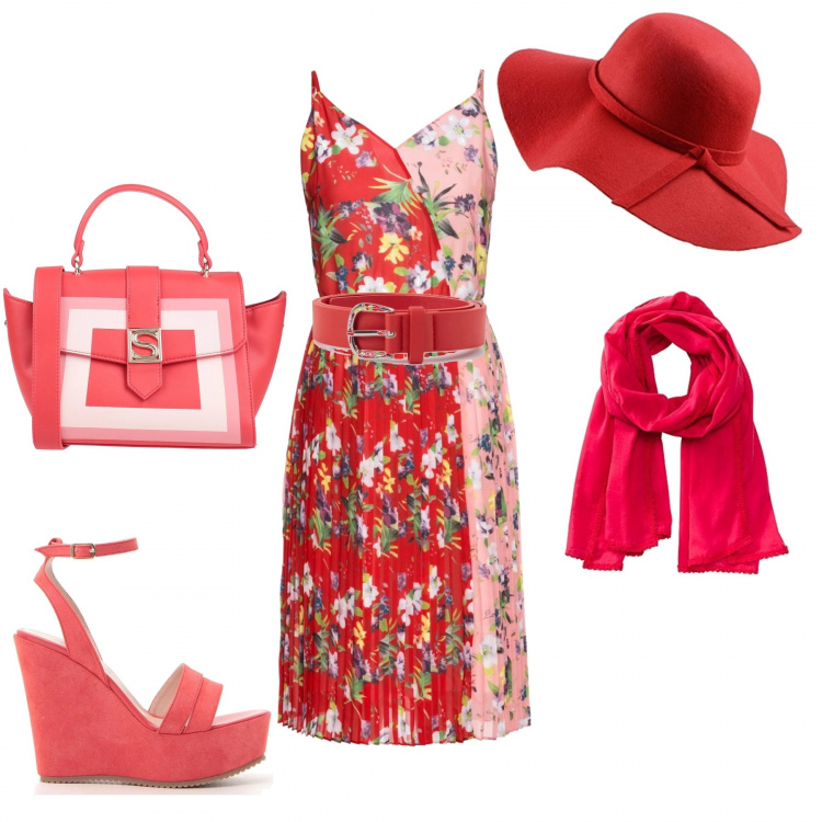 Outfit donna - Primavera in fiore. Stile Chic per Tutti i giorni. Abbinamento con t-shirt, borse a mano, cinture, sandali, cappelli, sciarpa.