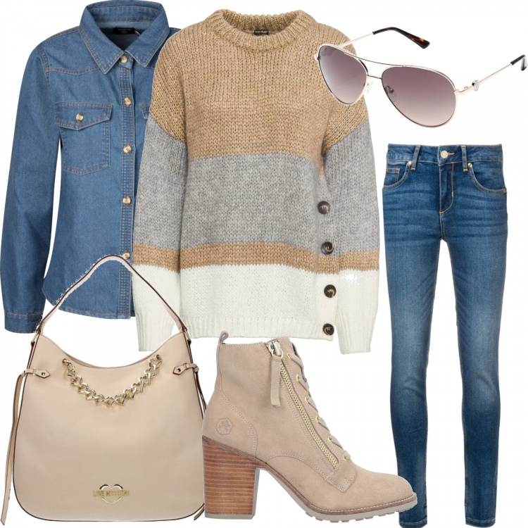 Outfit donna - Lovely fall outfit. Stile Basic per Tutti i giorni. Abbinamento con maglieria, stivaletti, occhiali da sole, stivaletti texani, borse a spalla, jeans.